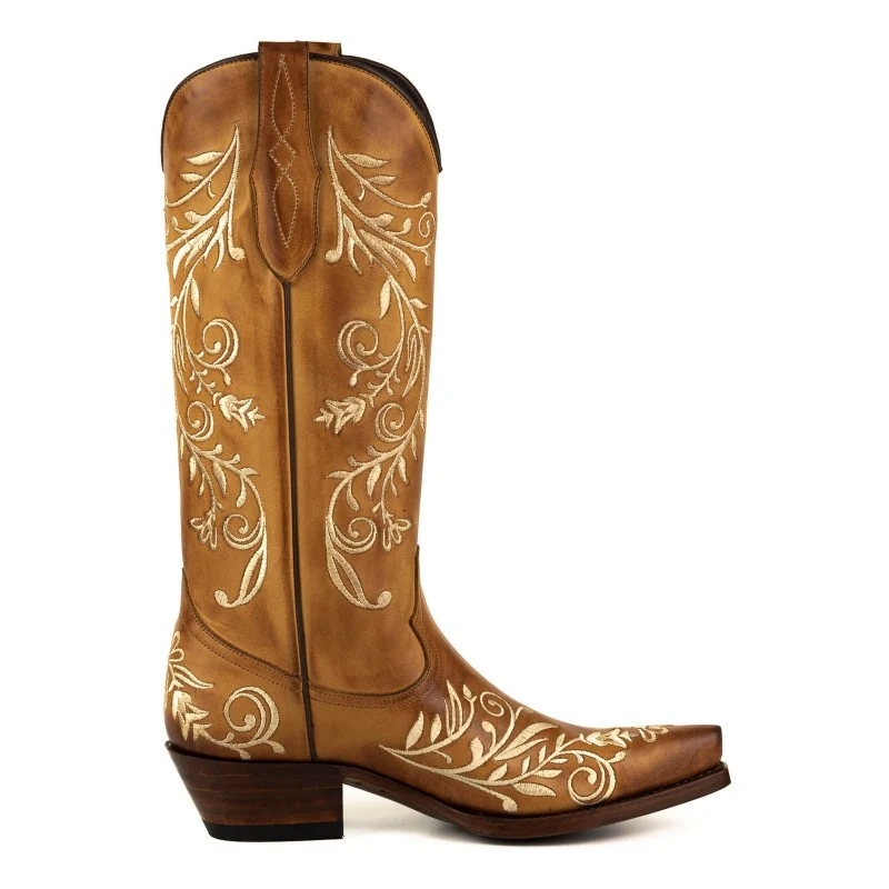 Damen Country und Western Cowboystiefel 2669 Braunes Leder mit Blumenstickerei