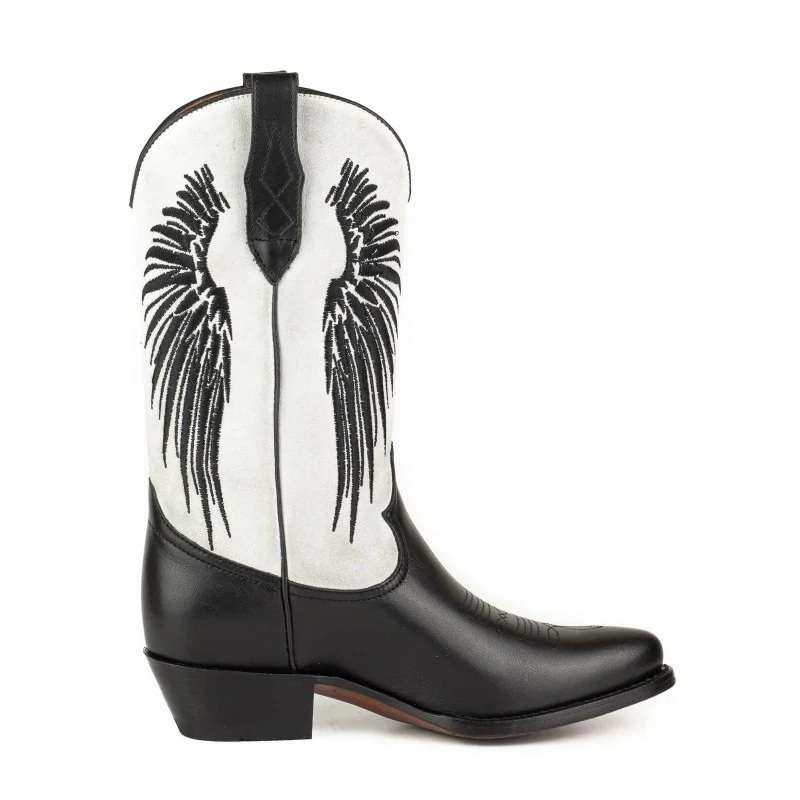 Schwarz-weiße Cowboystiefel für Damen mit Flügeln Schwarz 2666