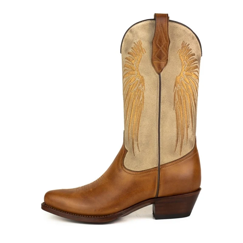 Damen-Cowboystiefel in Braun und Beige mit goldenen Flügeln 2666