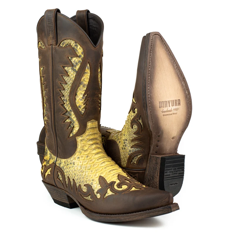 Herren Country Western Cowboystiefel 2567 Exotisches braunes und gelbes Leder