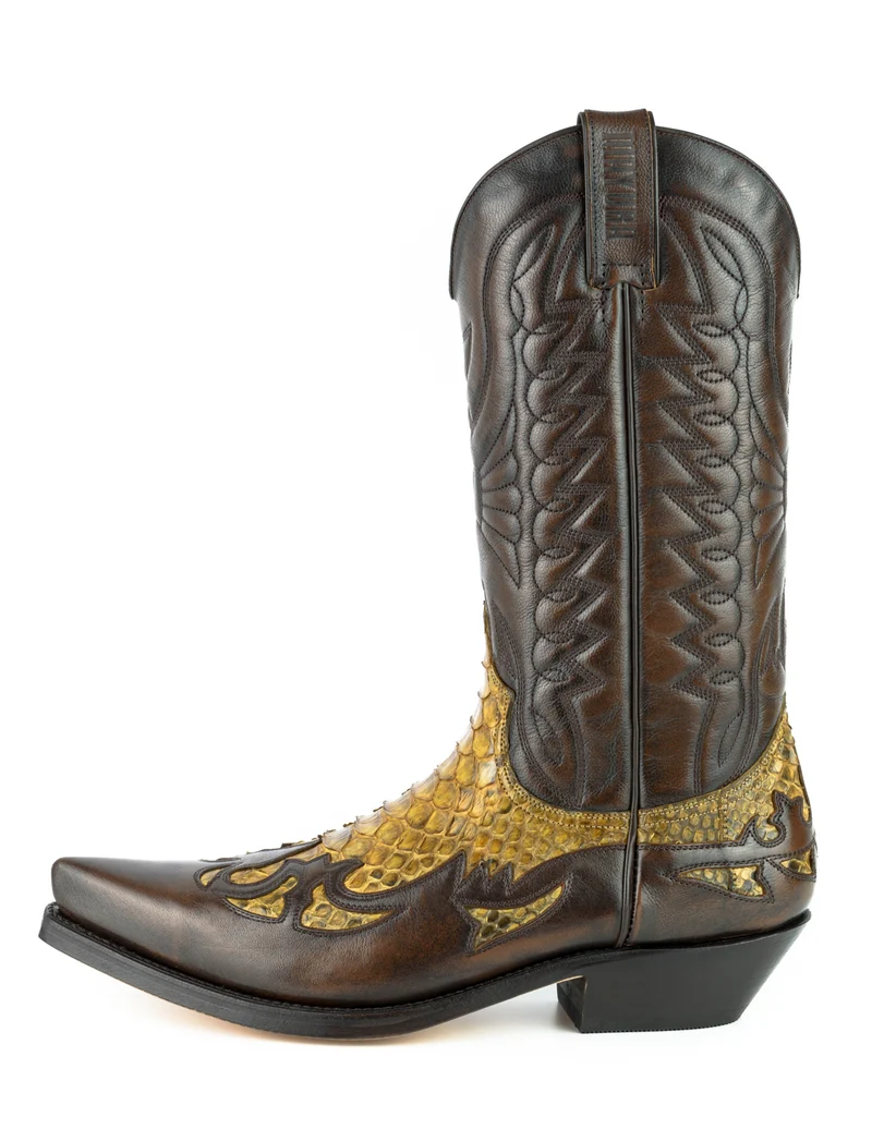 Country- und Western-Cowboystiefel für Herren und Damen von 1935 aus exotischem braunem und gelbem Leder