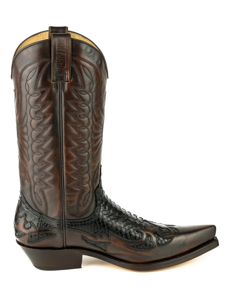 Country- und Western-Cowboystiefel für Herren und Damen von 1935 aus exotischem braunem und schwarzem Leder