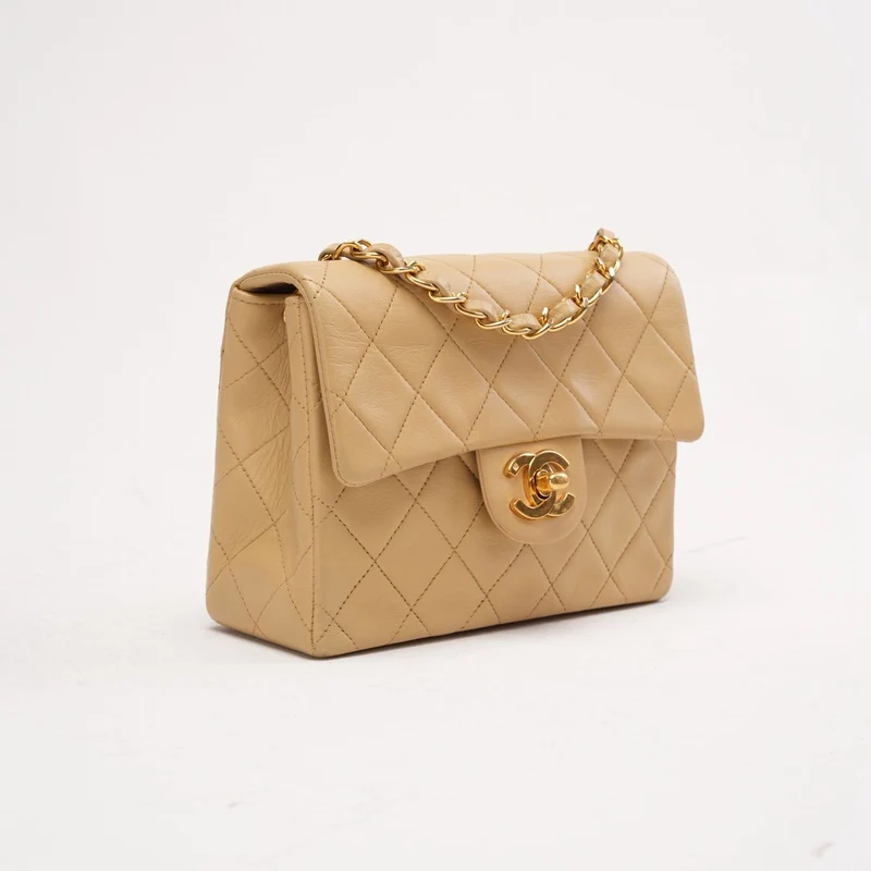 Chanel Vintage Mini Square Classic Flap Bag, Lammbeige, 1991