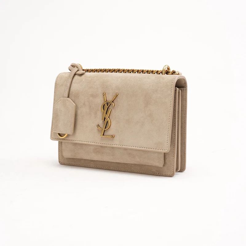 Saint Laurent Große Sunset Tasche aus dunkelbeigem Wildleder 2023