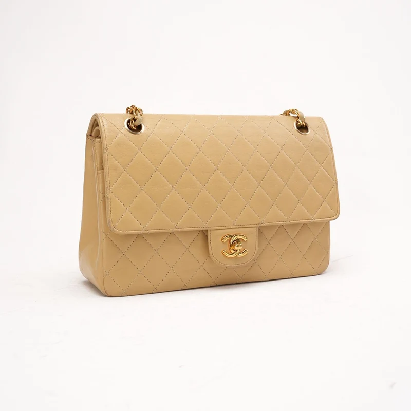 Chanel Vintage Beige Lammleder Medium Classic Double Flap Bag 1988