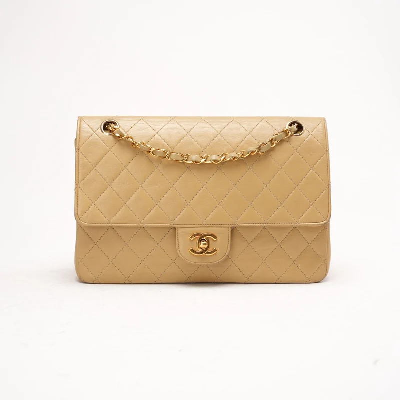 Chanel Vintage Beige Lammleder Medium Classic Double Flap Bag 1988