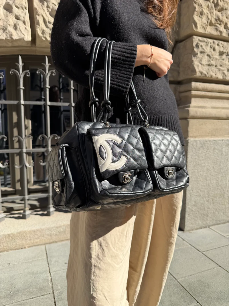 Chanel Cambon Multipocket Reporter Bag aus gestepptem Kalbsleder, groß, schwarz, 2005