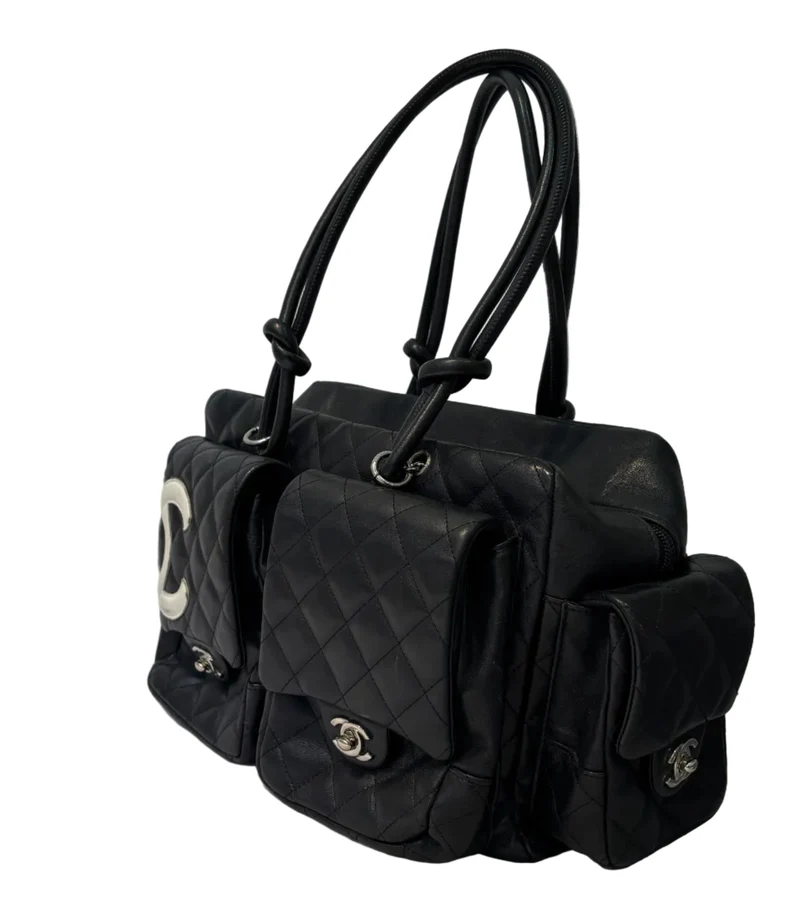 Chanel Cambon Multipocket Reporter Bag aus gestepptem Kalbsleder, groß, schwarz, 2005