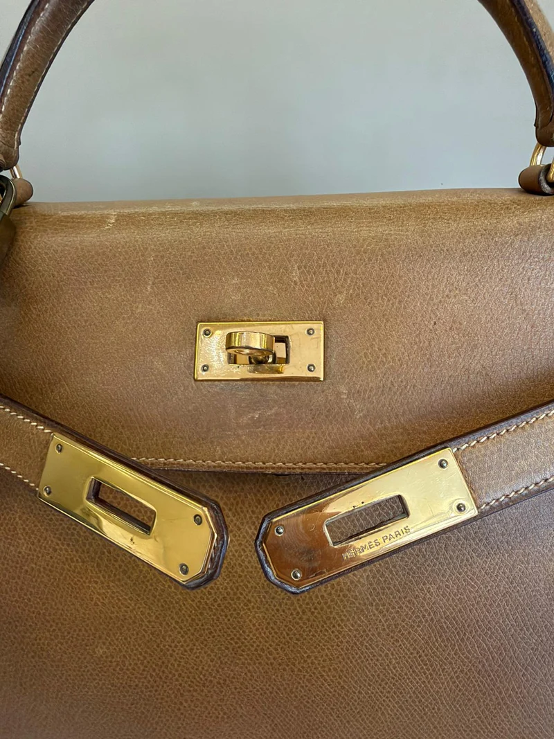 Hermes Vintage Kelly 32 Courchevel Leder Gold 1978