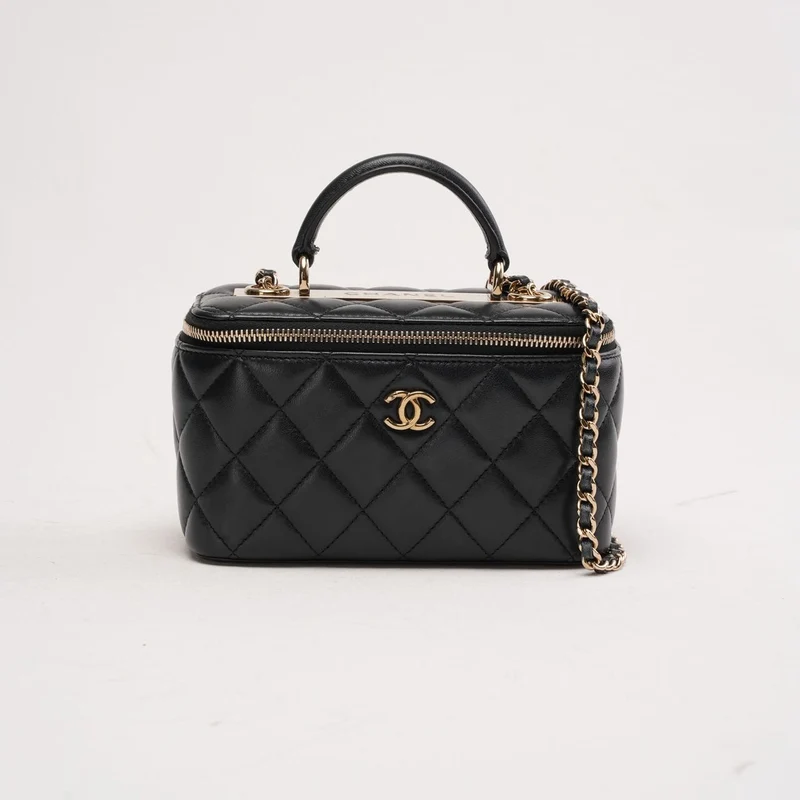 Chanel Classic Long Vanity Case aus schwarzem Lammleder mit Tragegriff