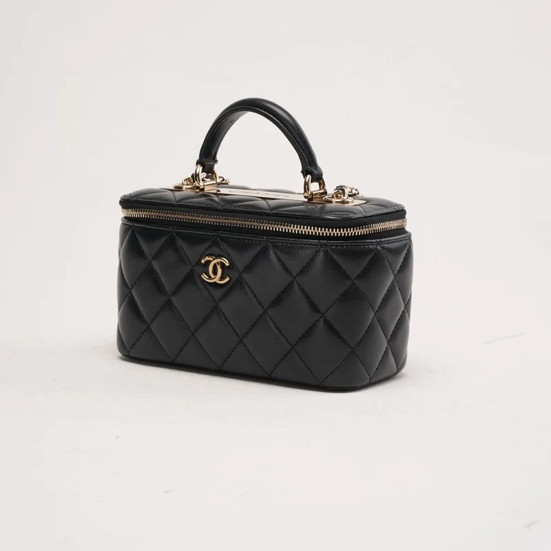 Chanel Classic Long Vanity Case aus schwarzem Lammleder mit Tragegriff