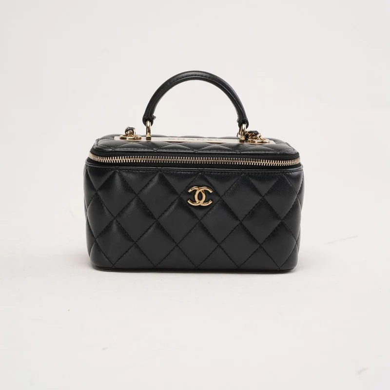 Chanel Classic Long Vanity Case aus schwarzem Lammleder mit Tragegriff