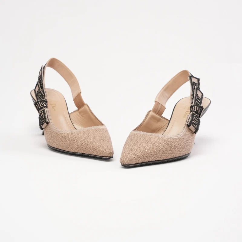 Christian Dior J'adior Slingback-Pumps aus beigefarbenem/schwarzem Stoff, Größe 34