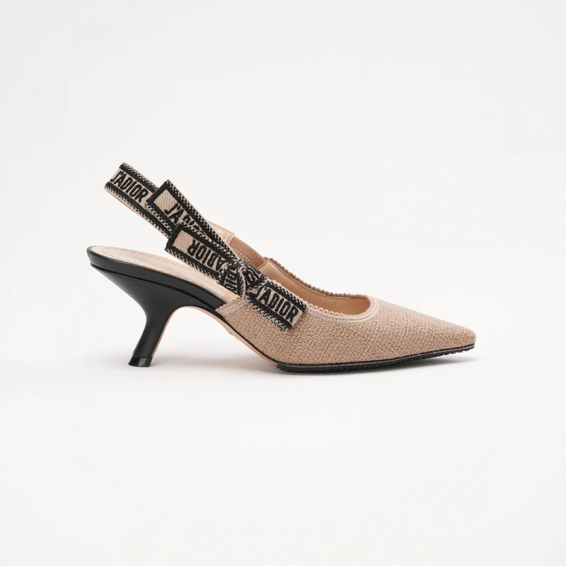 Christian Dior J'adior Slingback-Pumps aus beigefarbenem/schwarzem Stoff, Größe 34