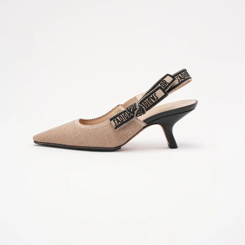 Christian Dior J'adior Slingback-Pumps aus beigefarbenem/schwarzem Stoff, Größe 34