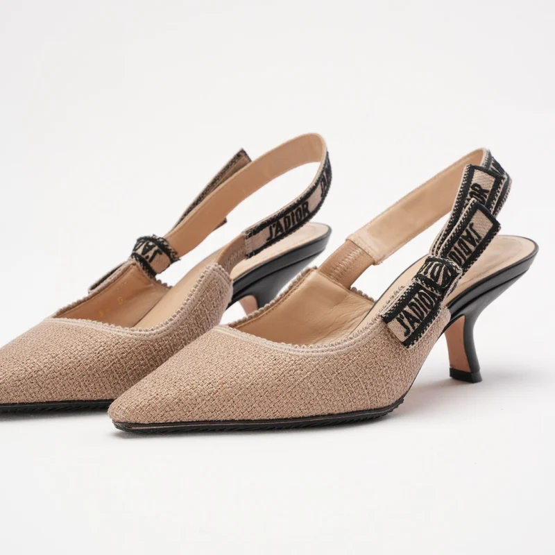 Christian Dior J'adior Slingback-Pumps aus beigefarbenem/schwarzem Stoff, Größe 34