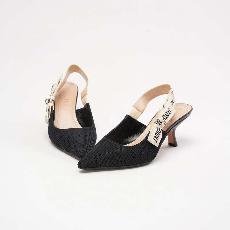 Christian Dior J'Adior Slingback-Pumps aus schwarzem/weißem Stoff, Größe 35