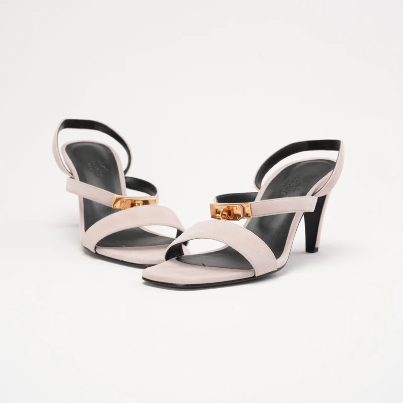 Hermès Glamour 95 Sandalen aus Ziegenveloursleder mit Kelly-Schnalle, Porzellanrosa, Größe 38