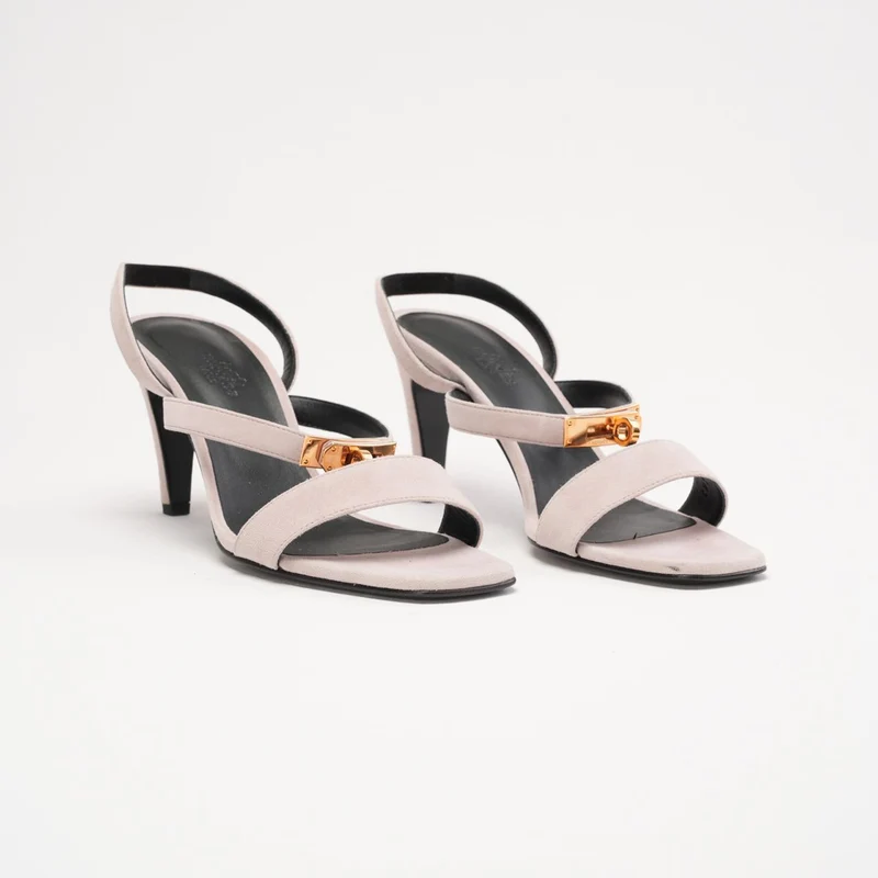 Hermès Glamour 95 Sandalen aus Ziegenveloursleder mit Kelly-Schnalle, Porzellanrosa, Größe 38
