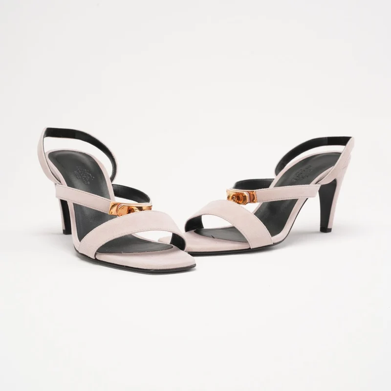 Hermès Glamour 95 Sandalen aus Ziegenveloursleder mit Kelly-Schnalle, Porzellanrosa, Größe 38