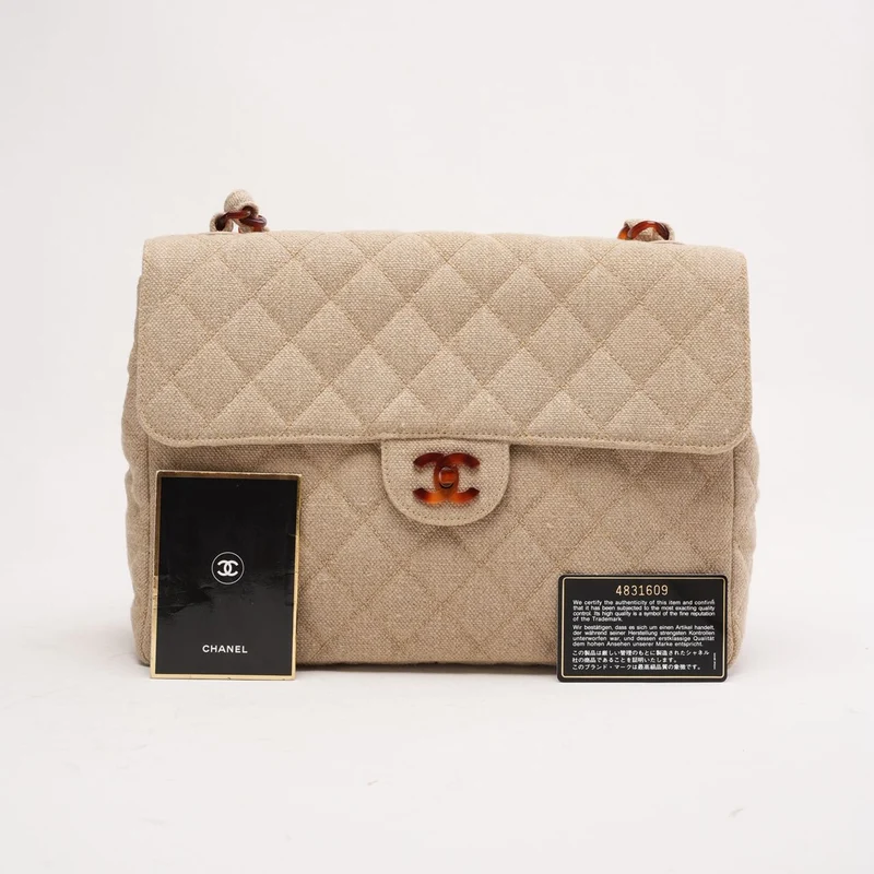 Chanel Vintage Jumbo Classic Single Flap Leinen-Canvas Beige 1997