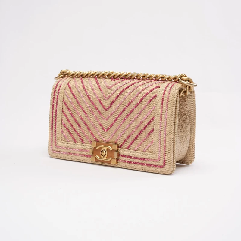 Chanel Medium Boy Flap Chevron Raffia & Leather Pink 2018