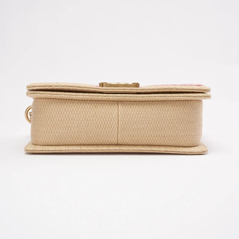 Chanel Medium Boy Flap Chevron Raffia & Leather Pink 2018