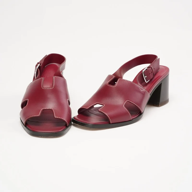 Hermes H Logo Weinrote Slingback-Sandalen aus Leder, Größe 40