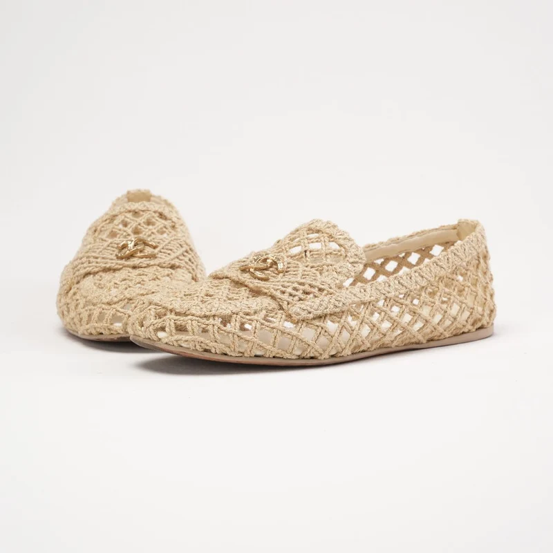 Chanel Raffia-geflochtene CC-Mokassins, beige, Farbe 39.5