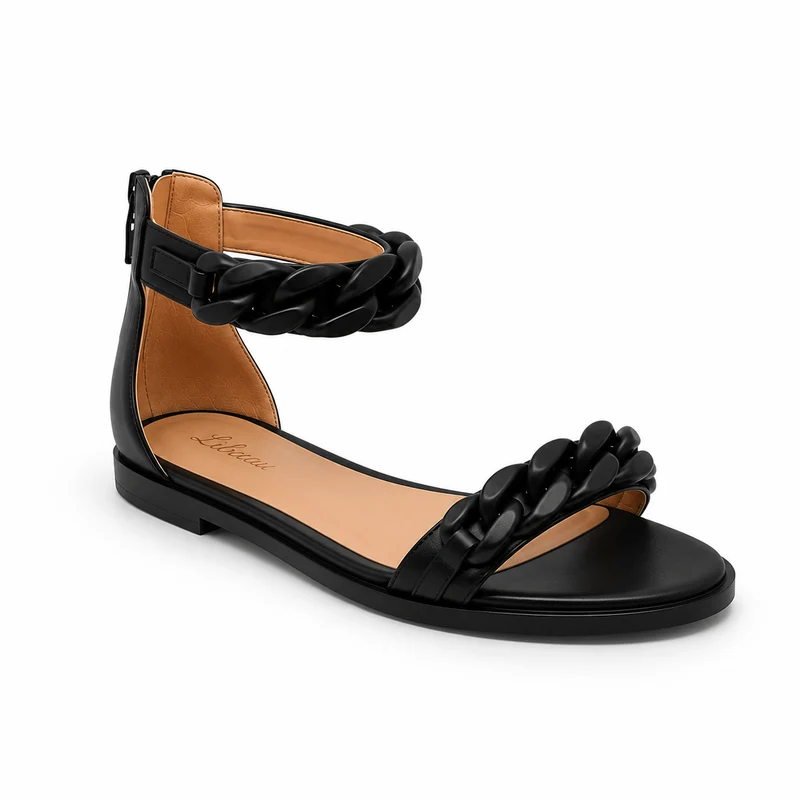 Black Chain Sandals – Damen Flache Riemchensandalen Schwarz Leder