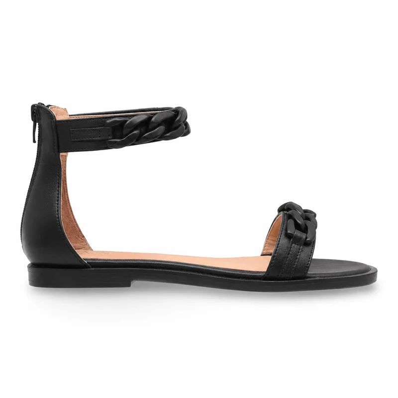 Black Chain Sandals – Damen Flache Riemchensandalen Schwarz Leder