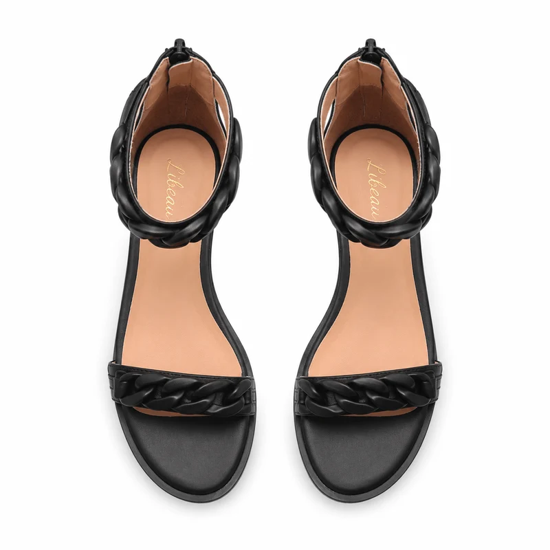 Black Chain Sandals – Damen Flache Riemchensandalen Schwarz Leder