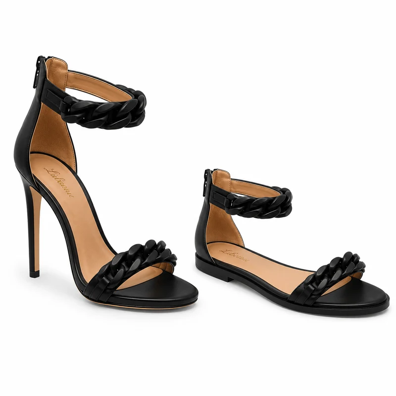 Black Chain Sandals – Damen Flache Riemchensandalen Schwarz Leder
