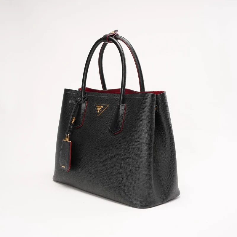 Prada Saffiano Leder Schwarz/Rot Große Doppeltasche Goldbeschläge