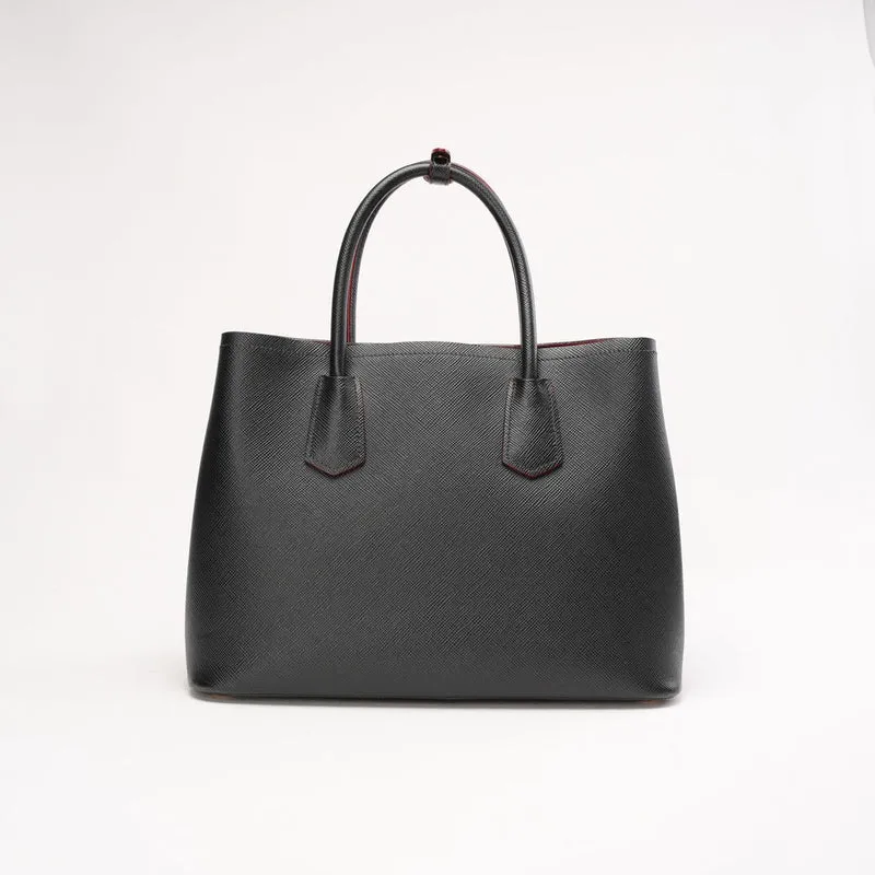 Prada Saffiano Leder Schwarz/Rot Große Doppeltasche Goldbeschläge