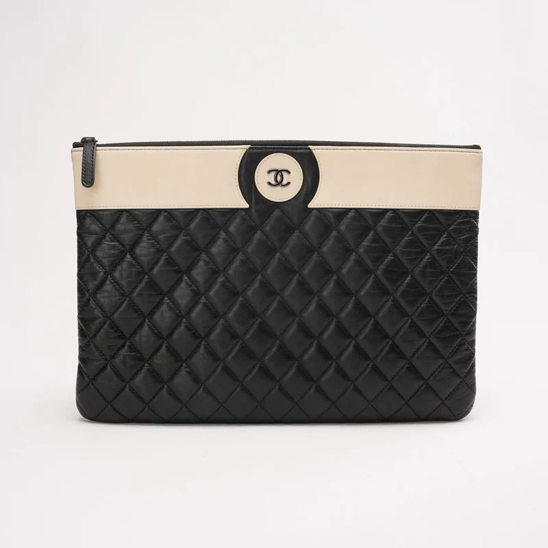 Chanel Mademoiselle CC Bicolor Clutch aus Lammleder, groß, Schwarz, 2017