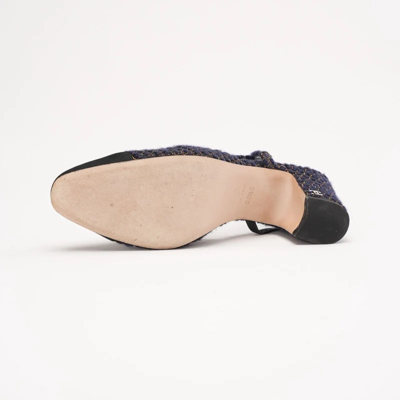 Chanel Slingback-Pumps aus marineblauem Tweed und Stoff mit CC-Logo, Blockabsatz, Zehenkappe, Größe 36.5