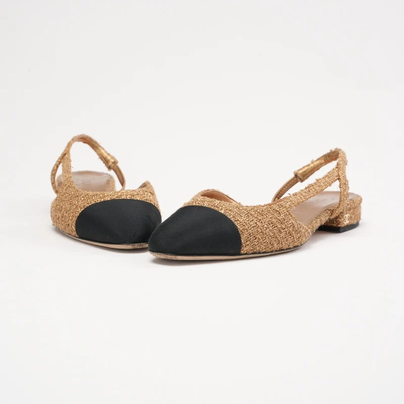 Chanel Slingback-Ballerinas aus gold-schwarzem Tweed mit Kappe und CC-Logo, Größe 37.5