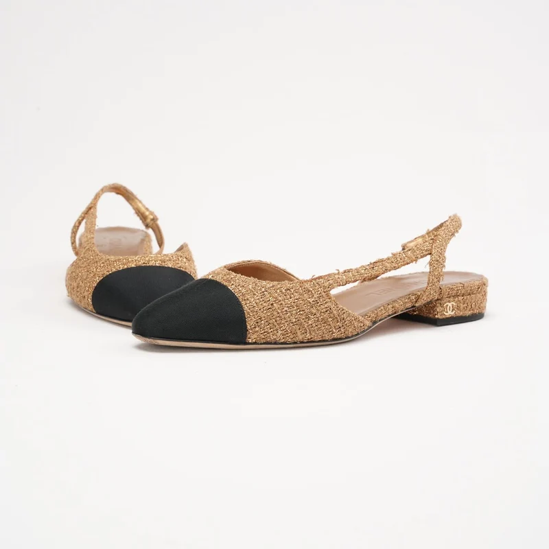 Chanel Slingback-Ballerinas aus gold-schwarzem Tweed mit Kappe und CC-Logo, Größe 37.5