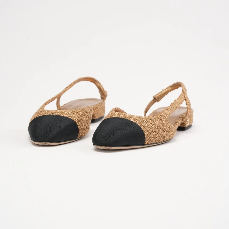 Chanel Slingback-Ballerinas aus gold-schwarzem Tweed mit Kappe und CC-Logo, Größe 37.5