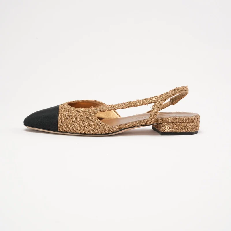 Chanel Slingback-Ballerinas aus gold-schwarzem Tweed mit Kappe und CC-Logo, Größe 37.5