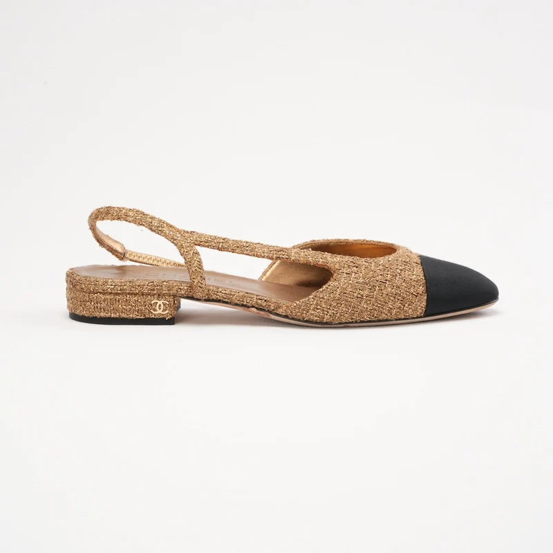 Chanel Slingback-Ballerinas aus gold-schwarzem Tweed mit Kappe und CC-Logo, Größe 37.5