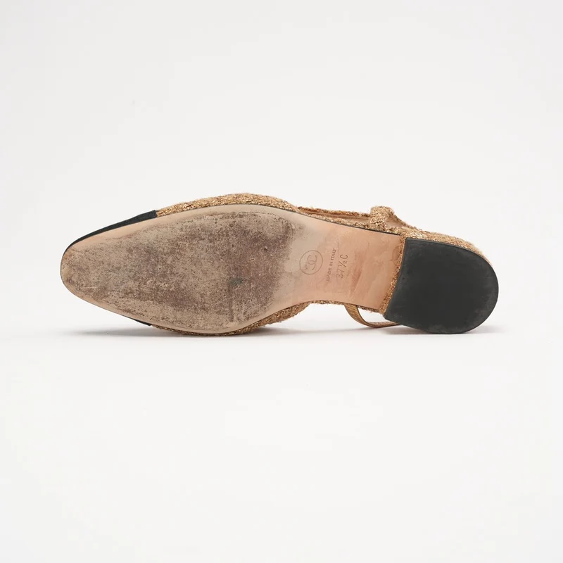 Chanel Slingback-Ballerinas aus gold-schwarzem Tweed mit Kappe und CC-Logo, Größe 37.5