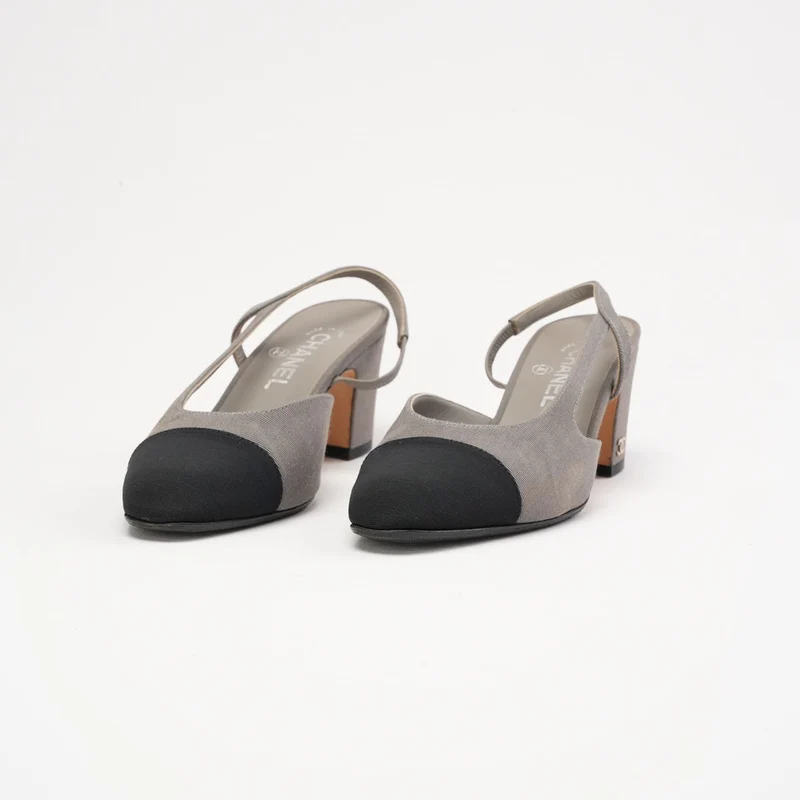 Chanel Slingback-Pumps, Grau und Schwarz, Größe 38