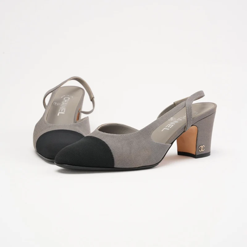 Chanel Slingback-Pumps, Grau und Schwarz, Größe 38