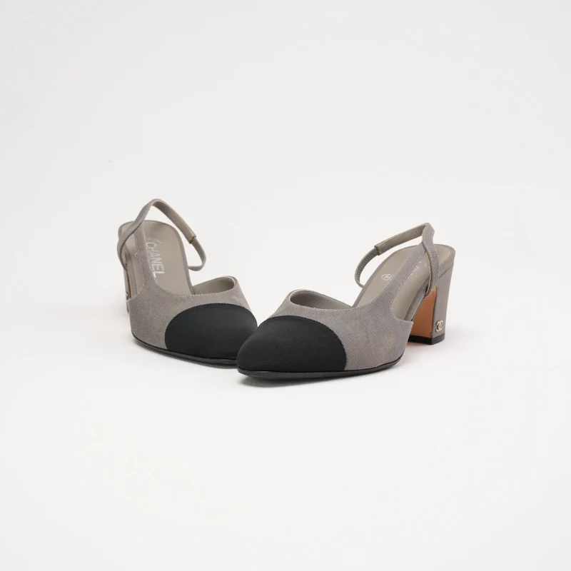 Chanel Slingback-Pumps, Grau und Schwarz, Größe 38