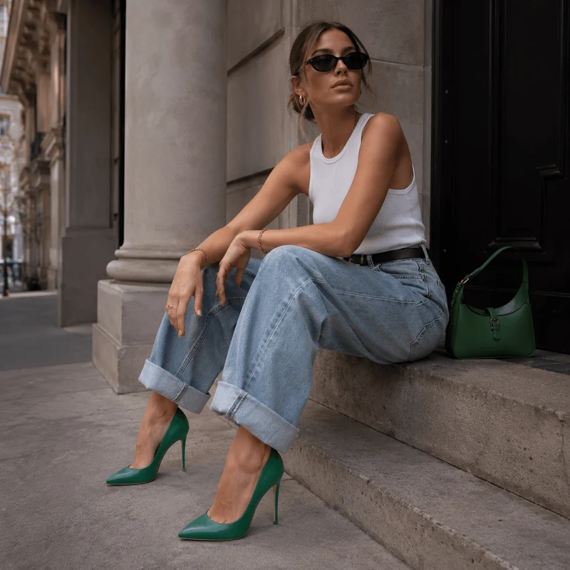 Green Footprint Pumps – Damen Stiletto High Heels Grün Leder Metallabsatz