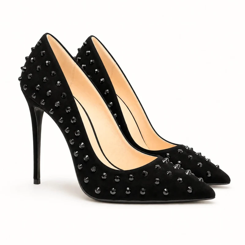 Black Magic Pumps – Damen Stiletto Pumps Schwarz Wildleder Strass Metallabsatz