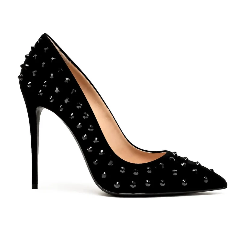Black Magic Pumps – Damen Stiletto Pumps Schwarz Wildleder Strass Metallabsatz