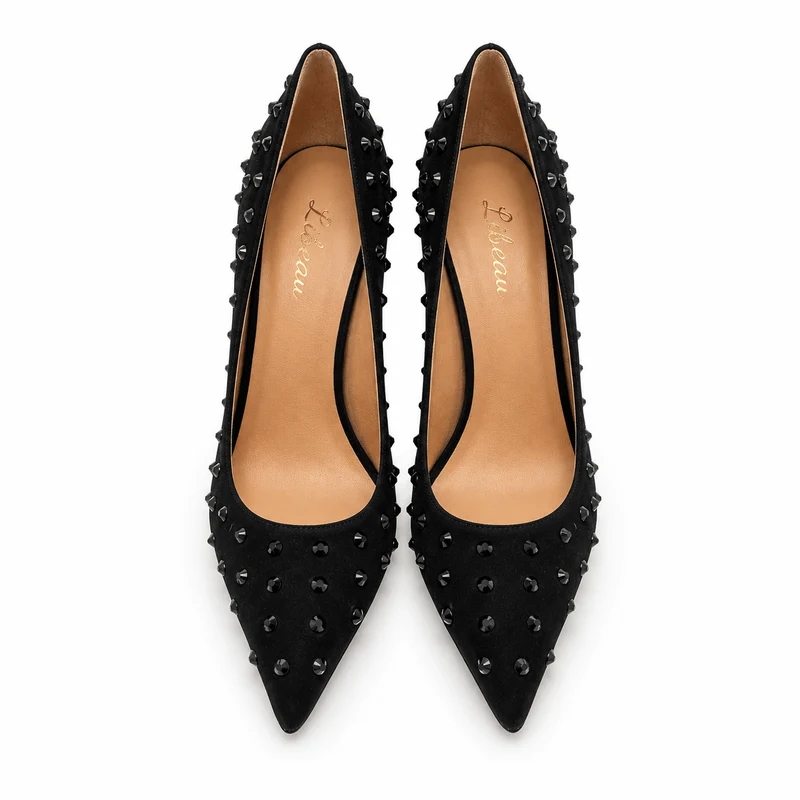 Black Magic Pumps – Damen Stiletto Pumps Schwarz Wildleder Strass Metallabsatz
